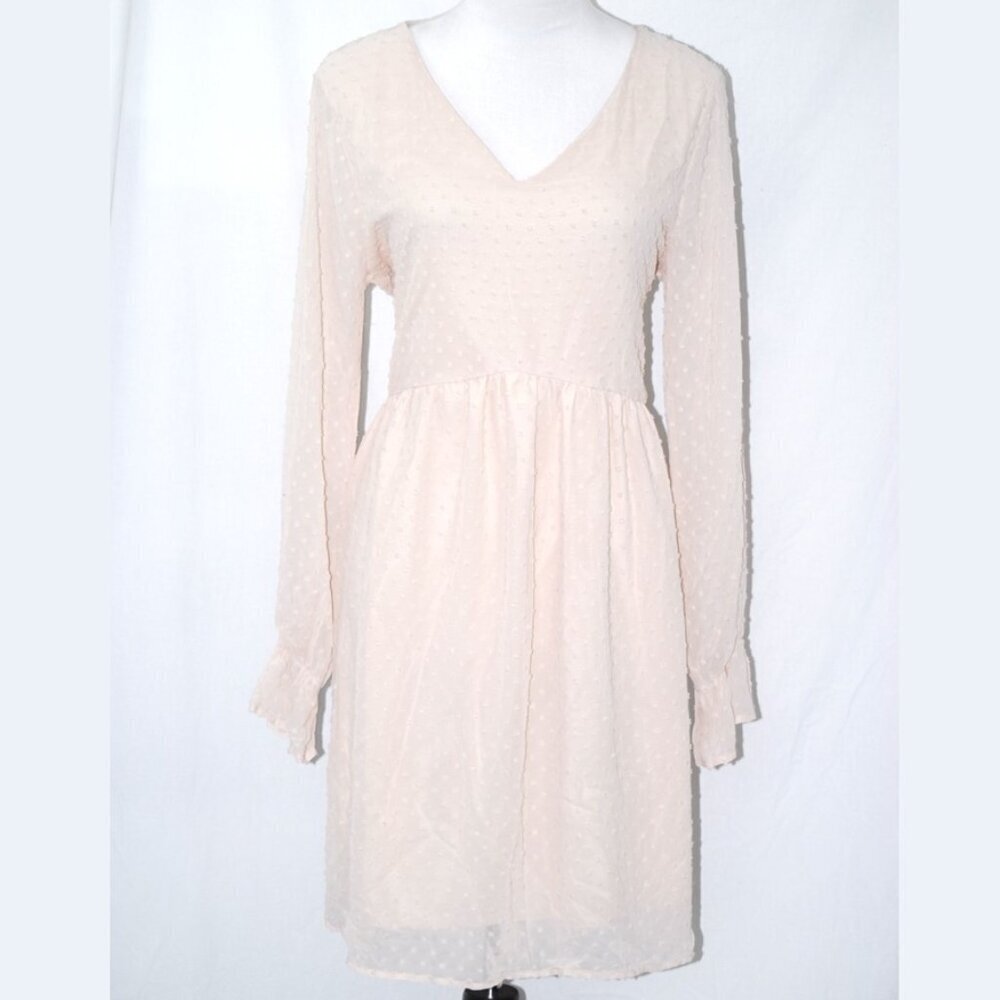 Cream Babydoll Dress Sheer Sleeves Zenana Womens XL Built in Slip Vneck Mini EUC